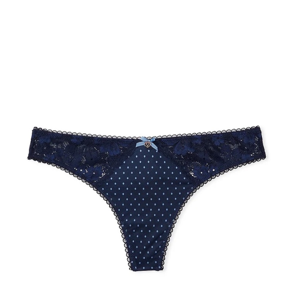 Victoria's Secret Body By Victoria Smooth & Lace Thong Panty Navy Noir Dot XS